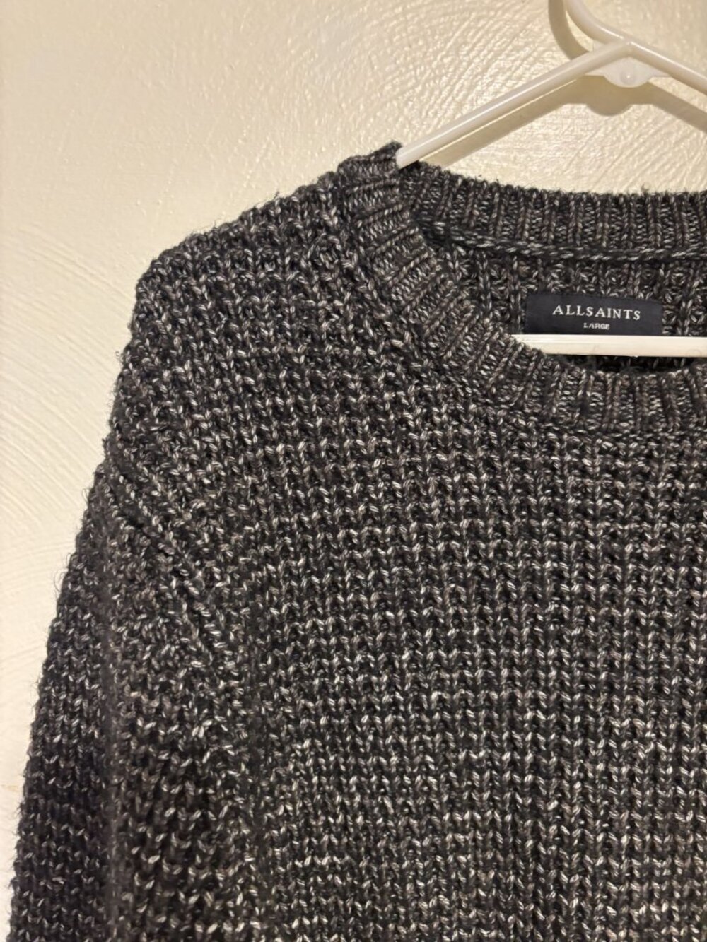 AllSaints Mens Large Knit Sweater In Black & Gray Chunky Cotton Blend - Picture 6 of 8